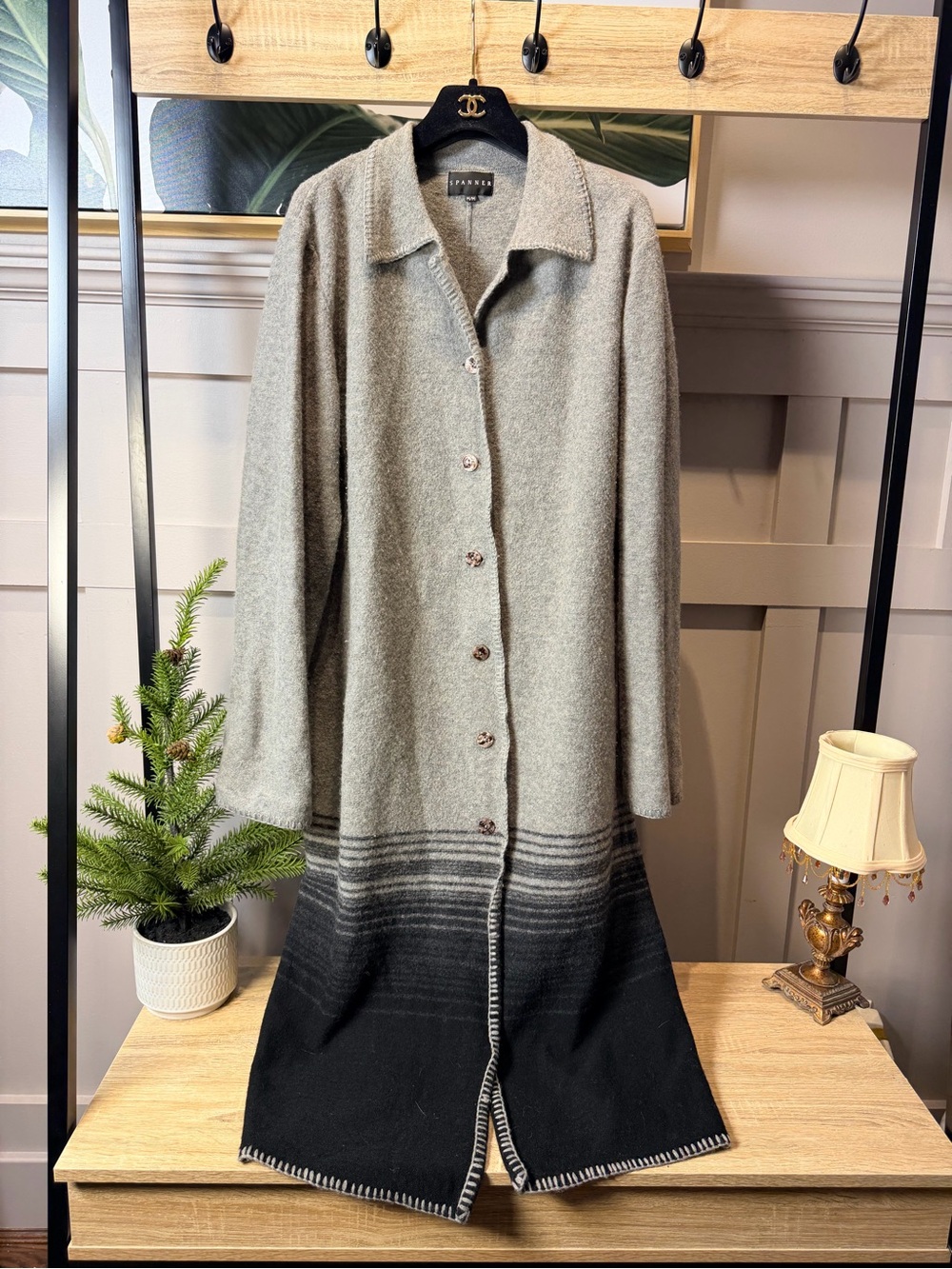 Spanner Women's Long Gradient 100% Wool Button-Down Dress Coat Gray/Black M